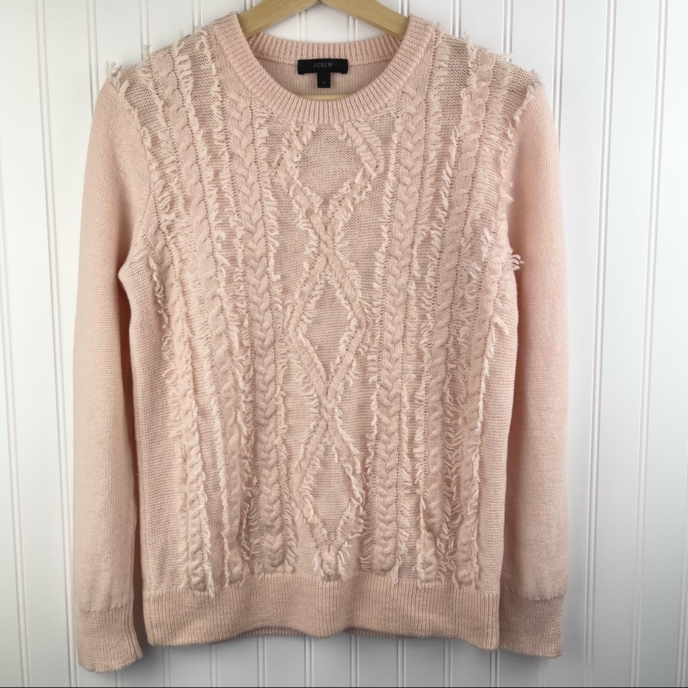 J. Crew CableKnit Crew Neck Fringe Pink Wool Sweater Size Medium B2431